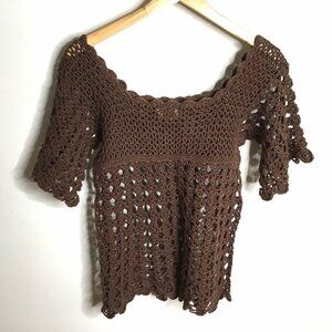 VTG Brown Women Crochet Top Hand Knit Audrey Oliver Boho Festival Lagenlook M